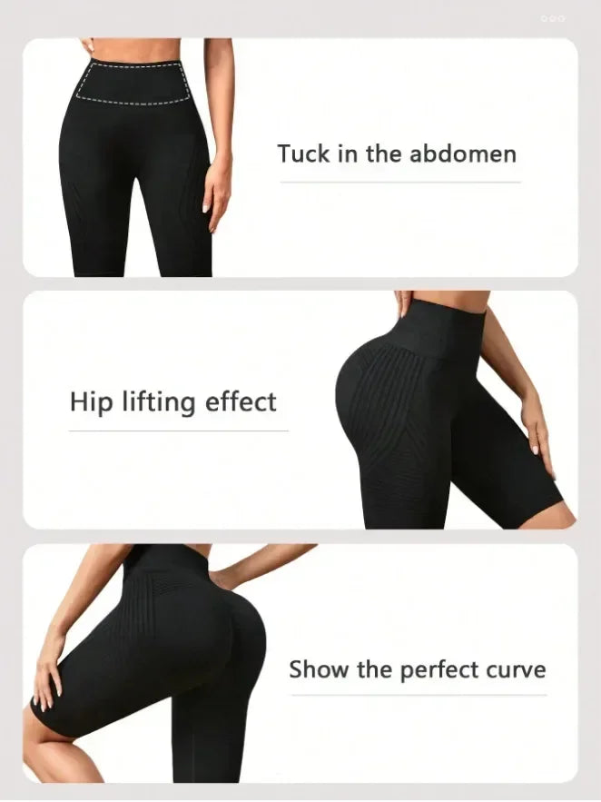 Women‘s Seamless Yoga Shorts High Waisted Striped Slim Shorts Sexy Butt Lifting Gym Training High Elastic Five Point Pants