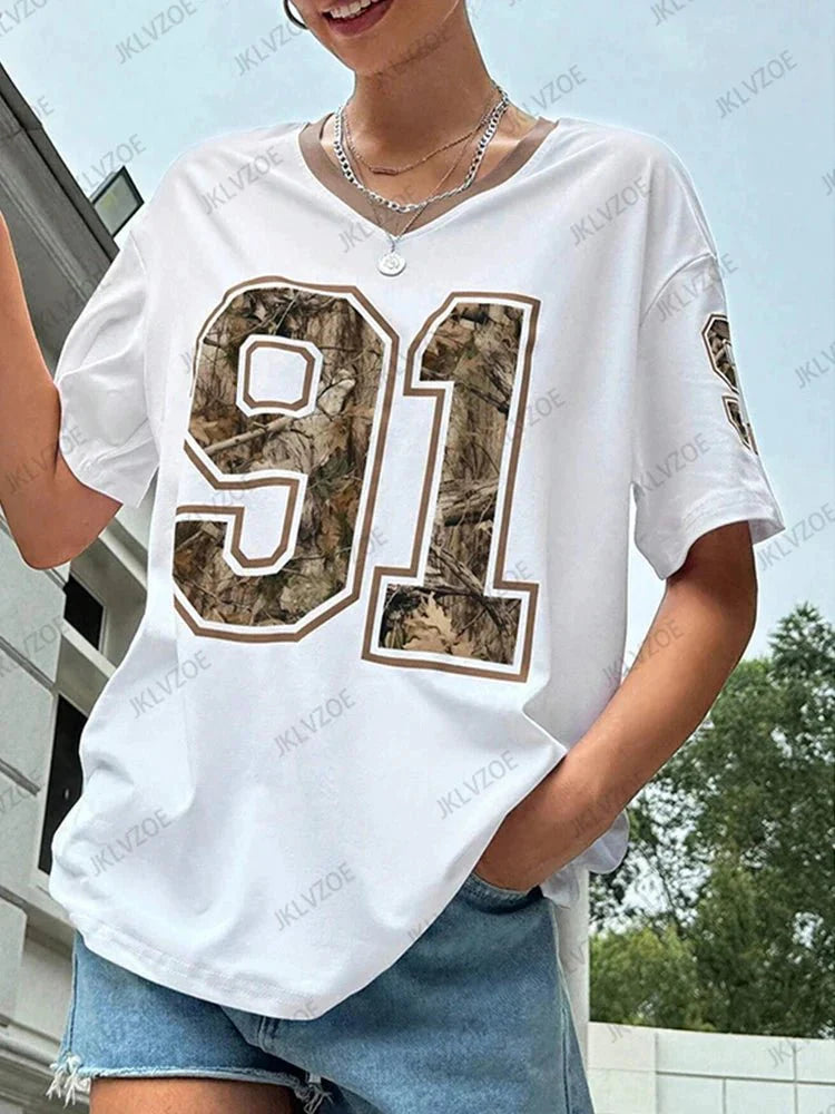 Women's Retro No.91 Printed V-Neck T-Shirt
