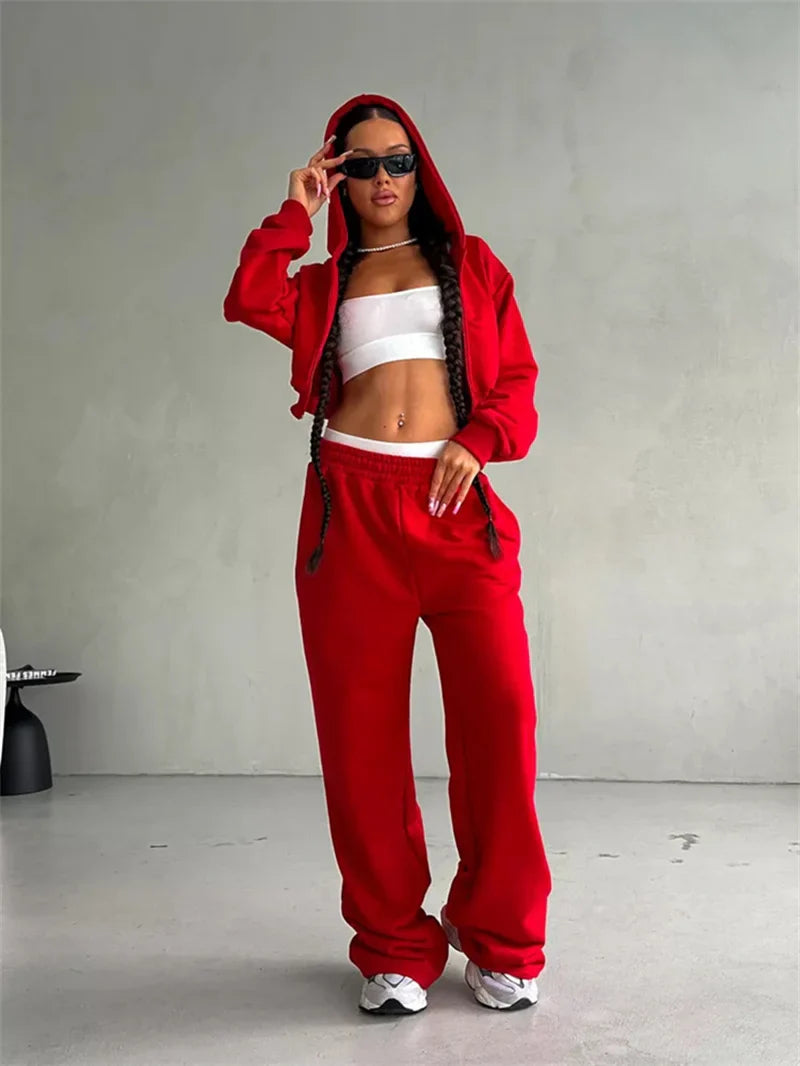 Women's Two-Piece High-waist Casual Hoodie/Trousers Set