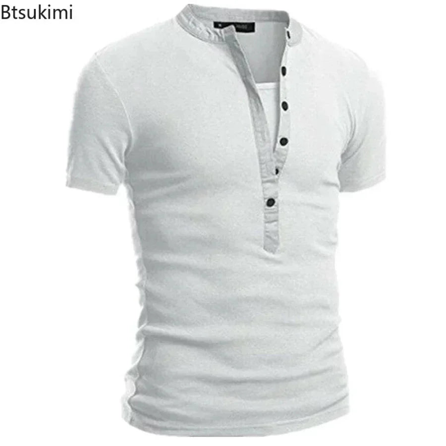 Men's Summer Casual Solid V-neck Button Slim Fit T-Shirts