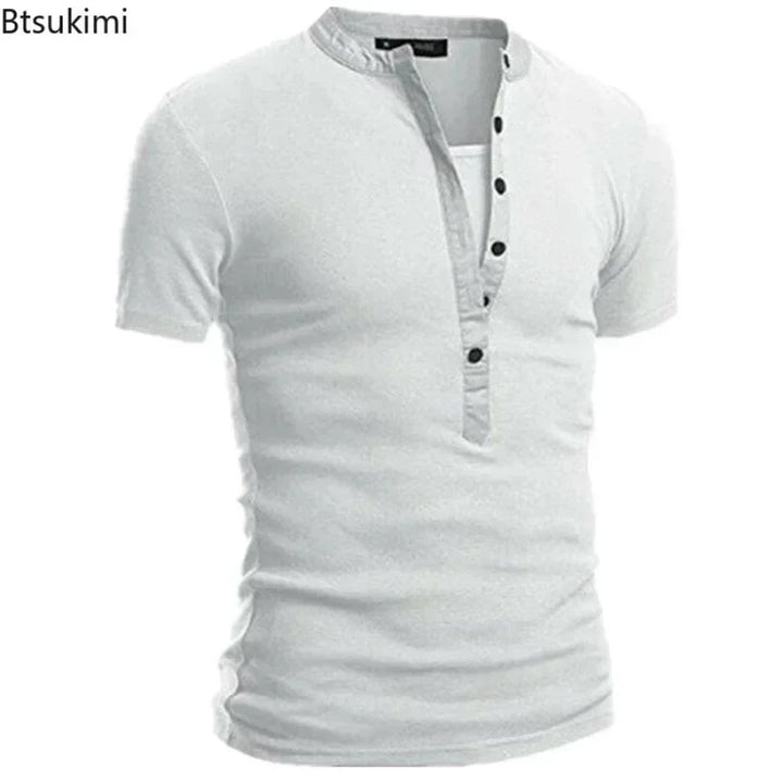 Men's Summer Casual Solid V-neck Button Slim Fit T-Shirts