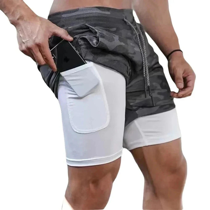 Men’s 2-in-1 Camo Running Shorts — Quick-Dry Training Shorts with Inner Compression Layer