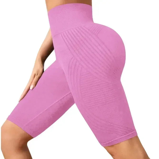 Women‘s Seamless Yoga Shorts High Waisted Striped Slim Shorts Sexy Butt Lifting Gym Training High Elastic Five Point Pants