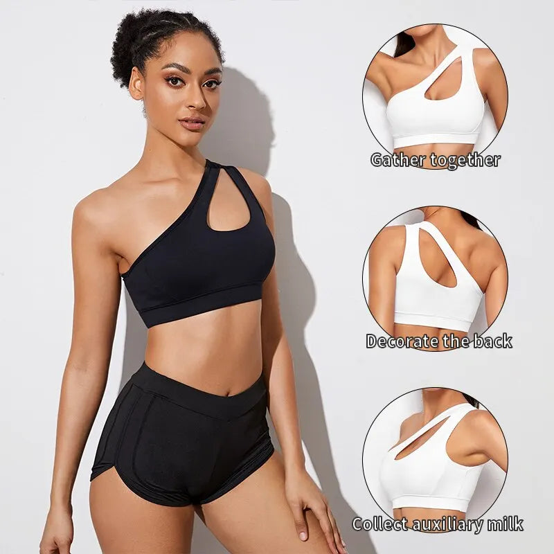 Women's One Shoulder Push Up Sports Bra - Black/White
