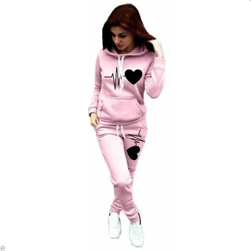 Women's Heart Print Plus Size Hoodie & Sweatpants Set