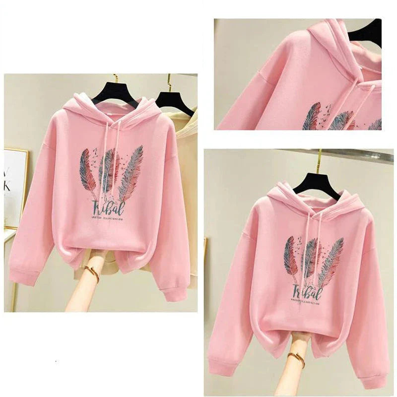 Women’s Feather Print Loose Fit Hoodie