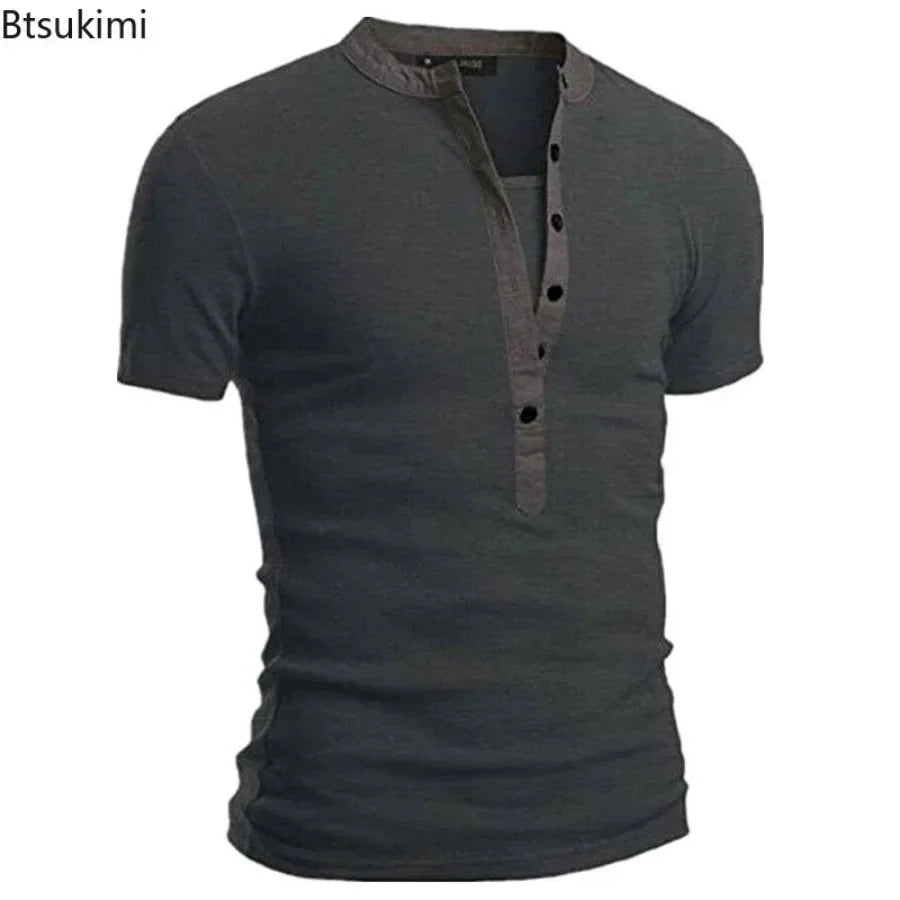 Men's Summer Casual Solid V-neck Button Slim Fit T-Shirts