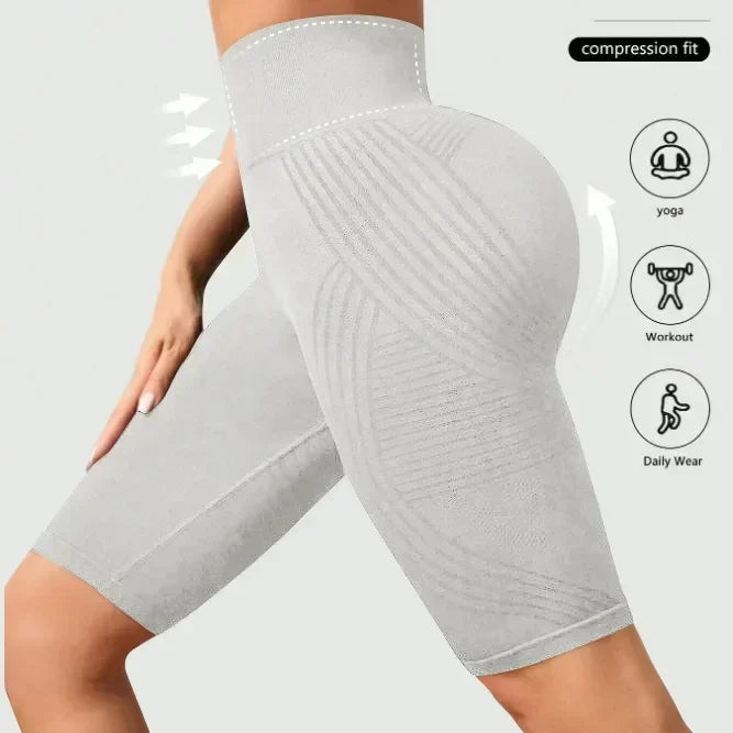 Women‘s Seamless Yoga Shorts High Waisted Striped Slim Shorts Sexy Butt Lifting Gym Training High Elastic Five Point Pants