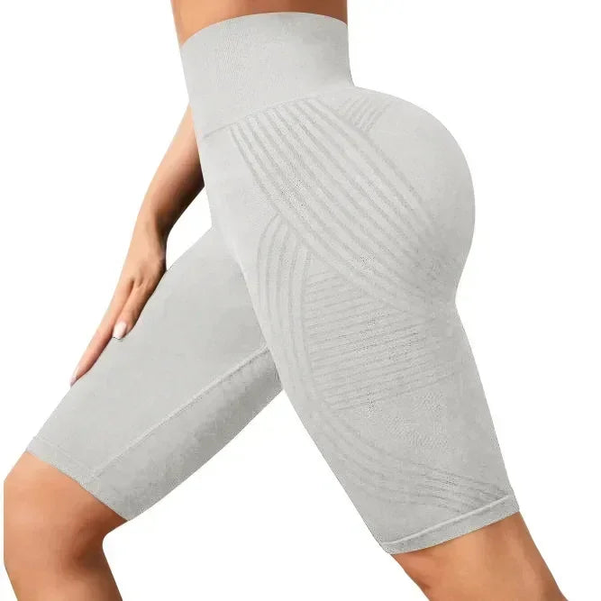Women‘s Seamless Yoga Shorts High Waisted Striped Slim Shorts Sexy Butt Lifting Gym Training High Elastic Five Point Pants