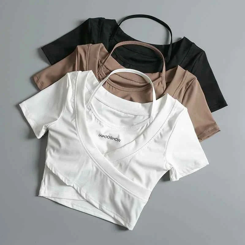 Women's Summer Sports Crop T-Shirt with Chest Pads