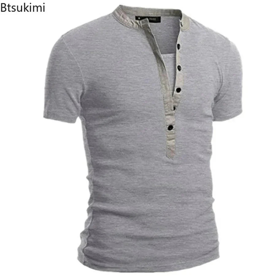 Men's Summer Casual Solid V-neck Button Slim Fit T-Shirts