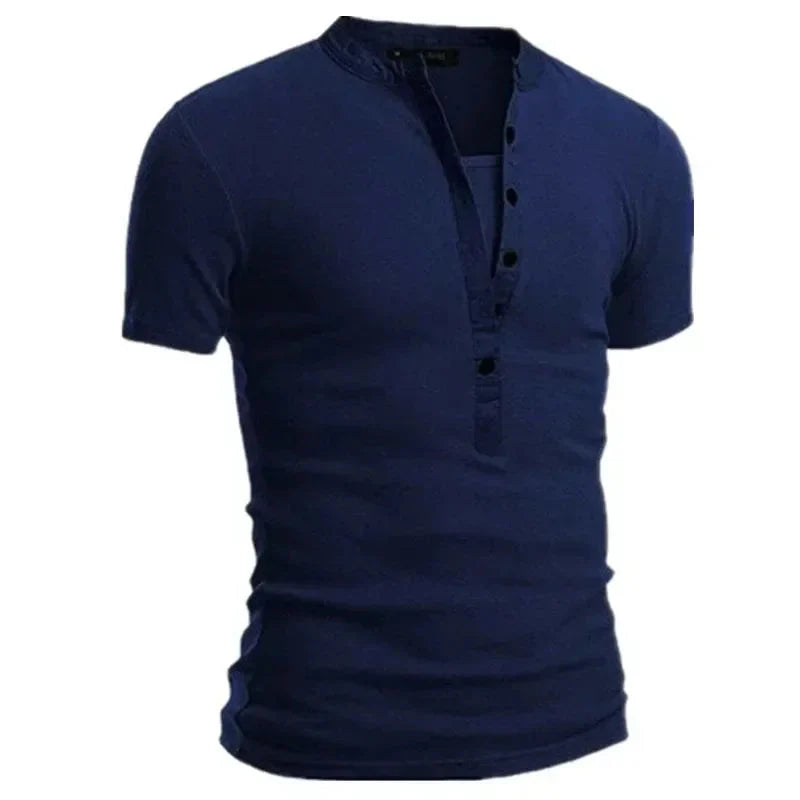 Men's Summer Casual Solid V-neck Button Slim Fit T-Shirts
