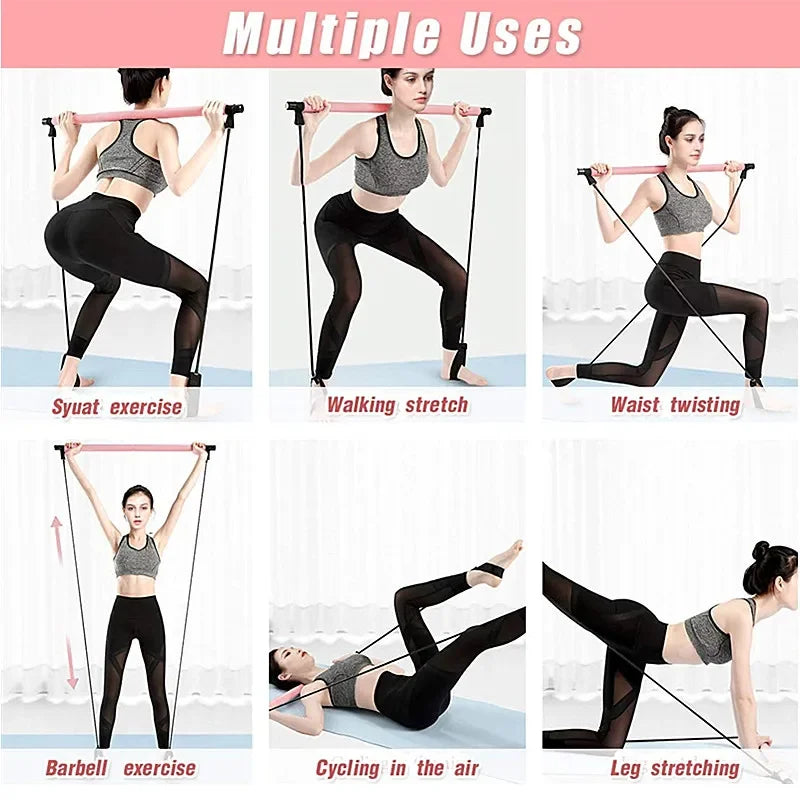 Portable Yoga Pilates Bar Stick with Resistance Band Muscle Toning Bar Home Workout