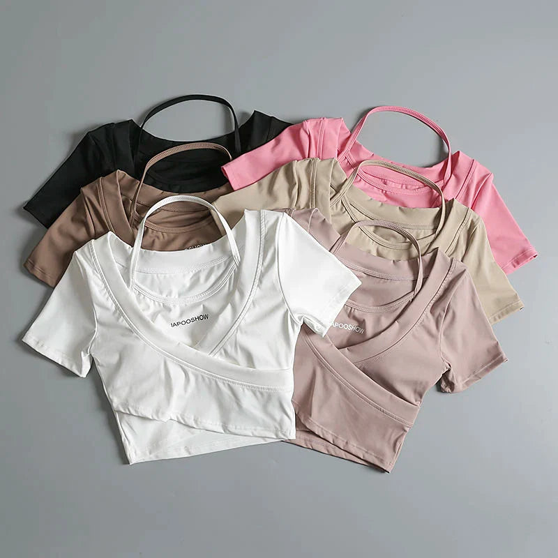 Women's Summer Sports Crop T-Shirt with Chest Pads