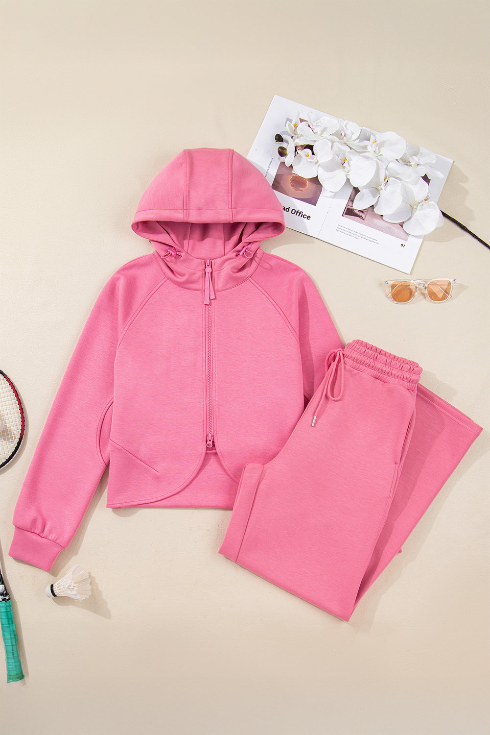 Women's Pink Solid Color Zip Up Hoodie Drawstring Loose Pants Set