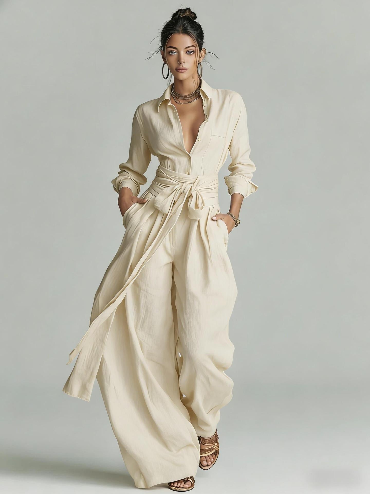 Women's Casual Long Sleeve Button-Up Shirt and Pants Set