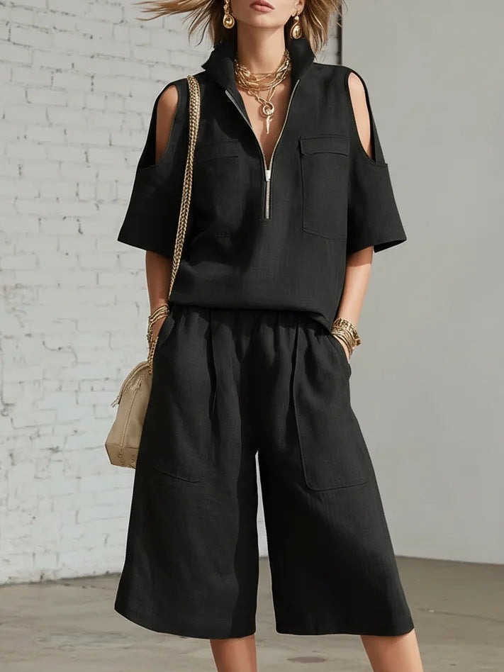 Women's Casual Short-Sleeve Shirt & Loose Shorts Two-Piece Set