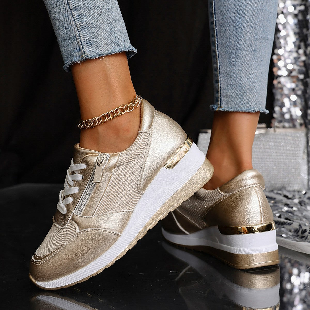 Women's Metallic Lace-Up Side Zipper Thick-Sole Sneakers