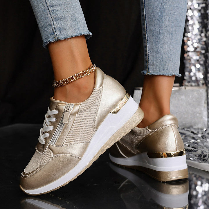 Women's Metallic Lace-Up Side Zipper Thick-Sole Sneakers