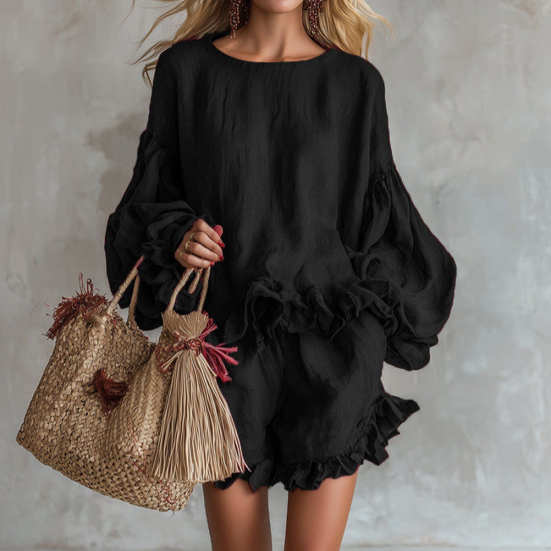 Women's Lantern Sleeve Top & Shorts Two-Piece Set