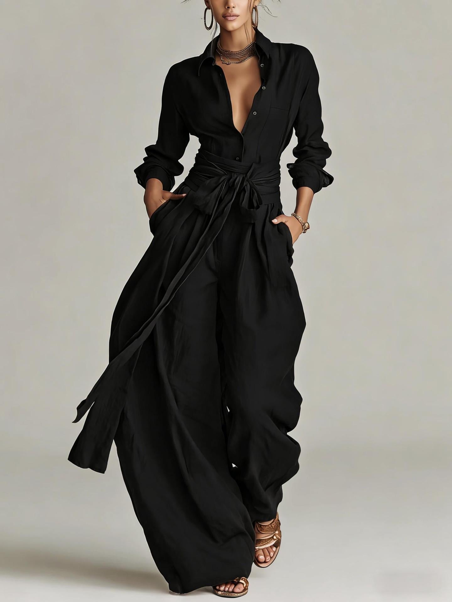 Women's Casual Long Sleeve Button-Up Shirt and Pants Set