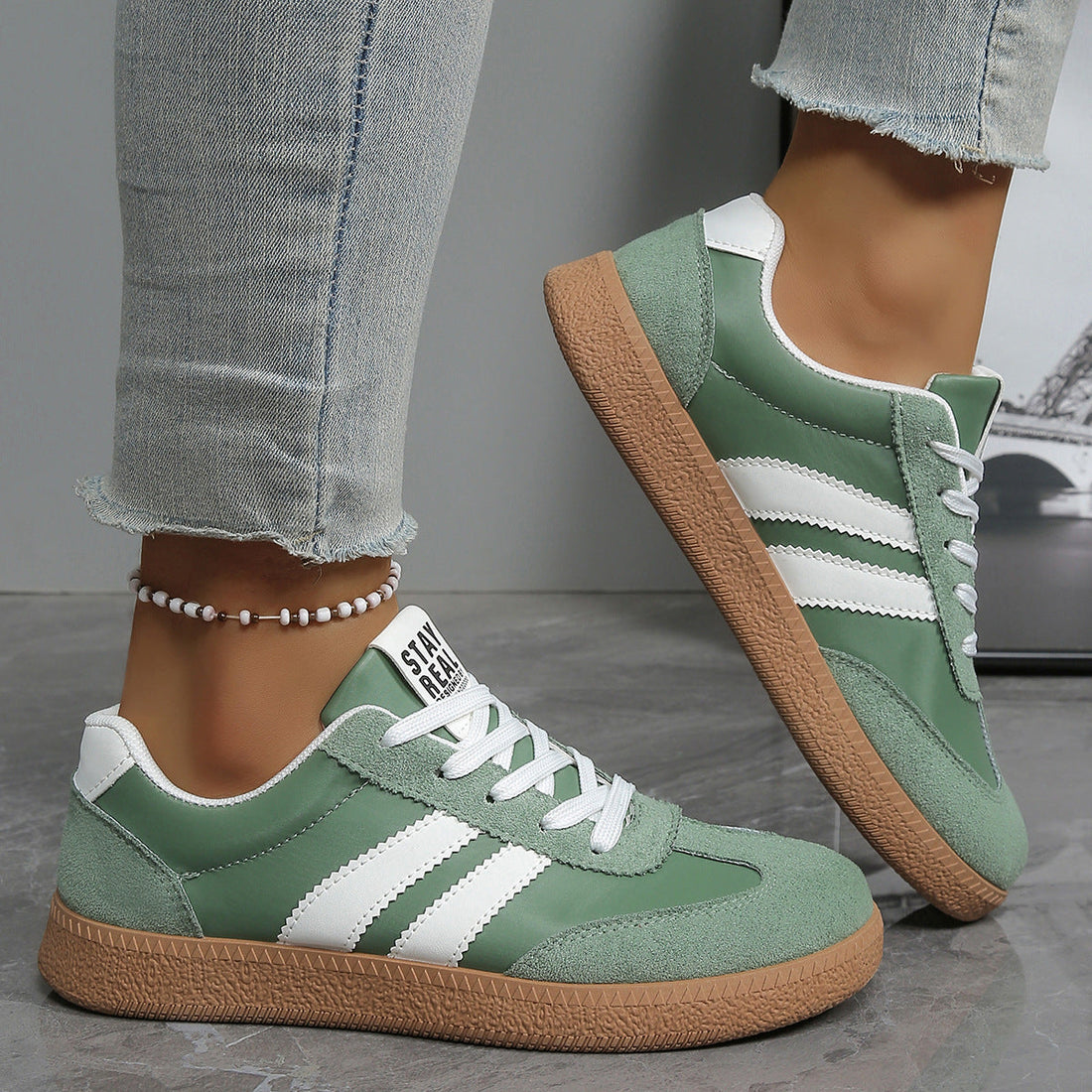 Women's Casual White/Green Sneakers - Breathable Lightweight