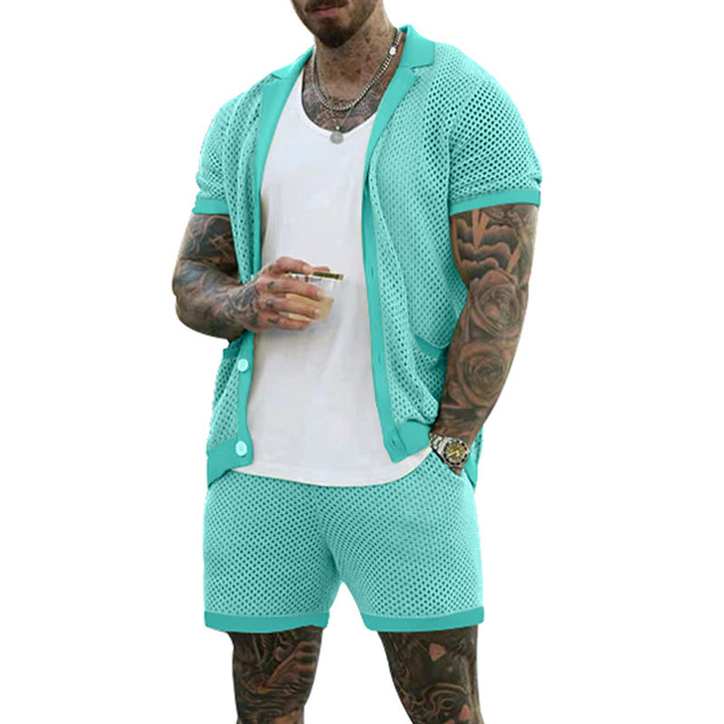 Men's Summer Cool Mesh Lapel Short Sleeve Shorts Suit