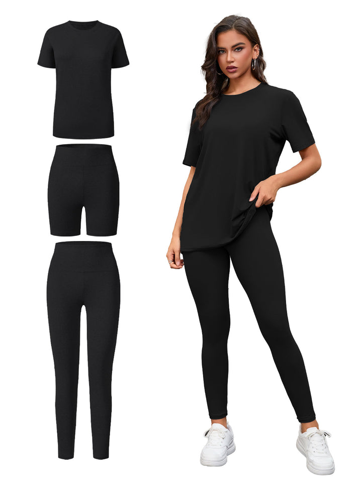 Women's Three Piece Set, Round Neck Short Sleeved Top And Shorts And Pants Set, Sports And Casual Clothing See size chart under “more details”