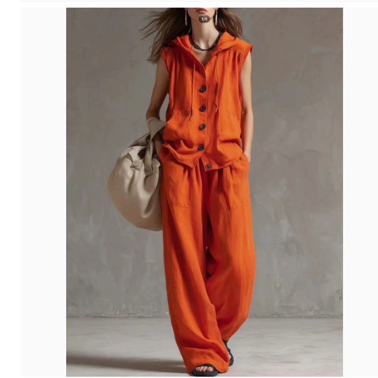 Women's Two-Piece Sleeveless Hooded Top & High-Waist Wide-Leg Pants Set