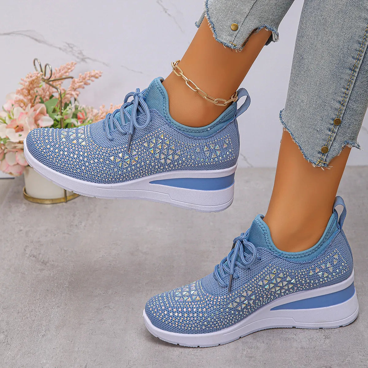 Women's Breathable Mesh Rhinestone Wedge Athletic Sneakers