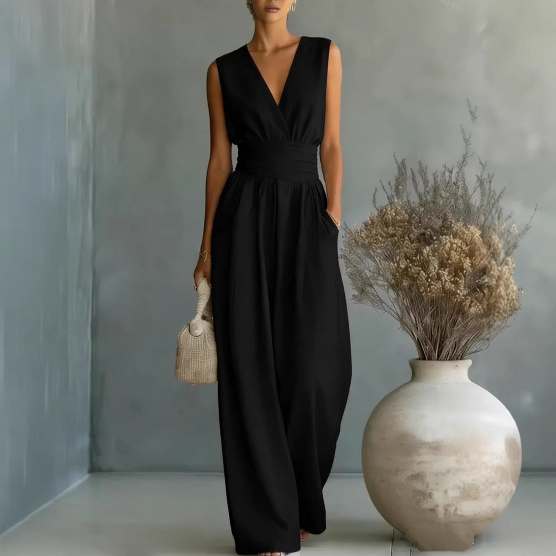 Women's Elegant V-Neck Sleeveless Waist-Cinching Straight Leg Jumpsuit