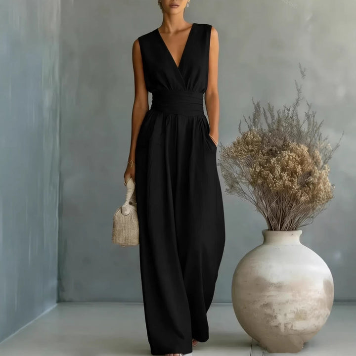 Women's Elegant V-Neck Sleeveless Waist-Cinching Straight Leg Jumpsuit