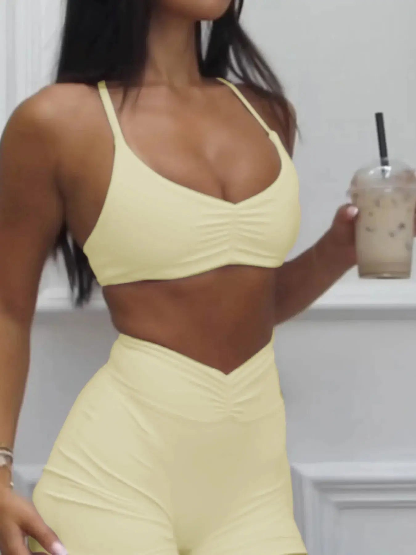 Women's Ruched Sports Bra and High-Waisted Shorts Active Set