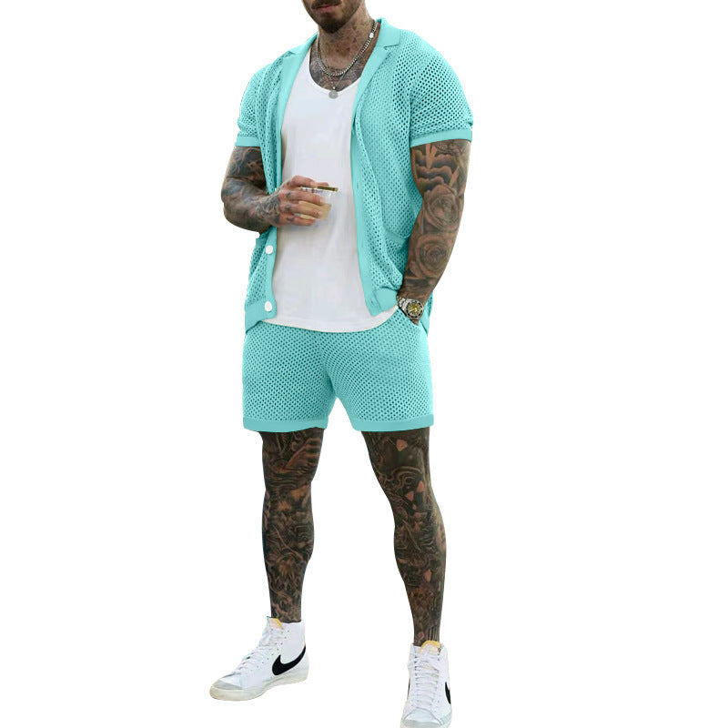 Men's Summer Cool Mesh Lapel Short Sleeve Shorts Suit