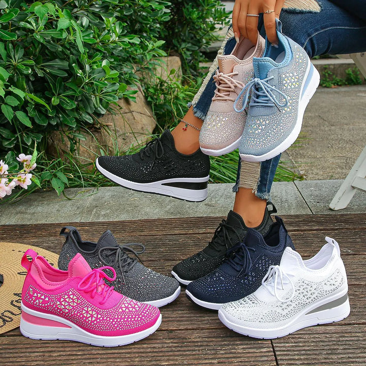Women's Breathable Mesh Rhinestone Wedge Athletic Sneakers