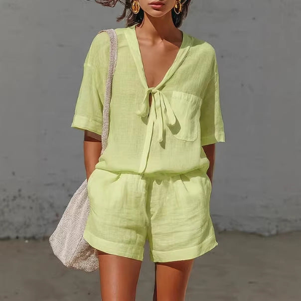 Women's Casual Summer Lace-Up Short-Sleeve Shirt & Loose Shorts Set