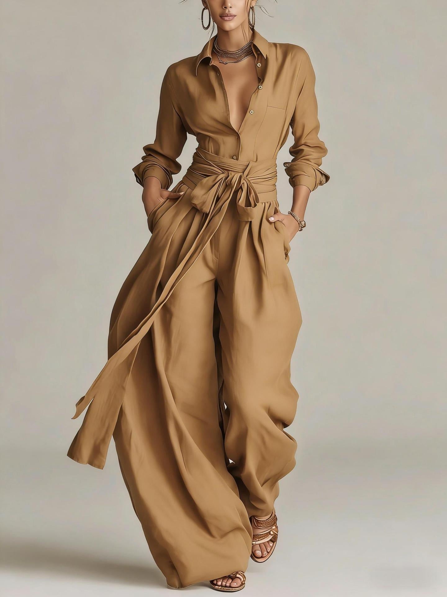 Women's Casual Long Sleeve Button-Up Shirt and Pants Set