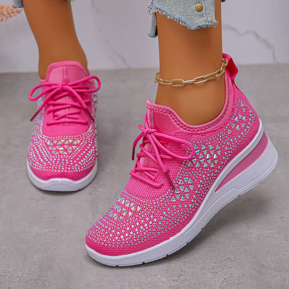 Women's Breathable Mesh Rhinestone Wedge Athletic Sneakers