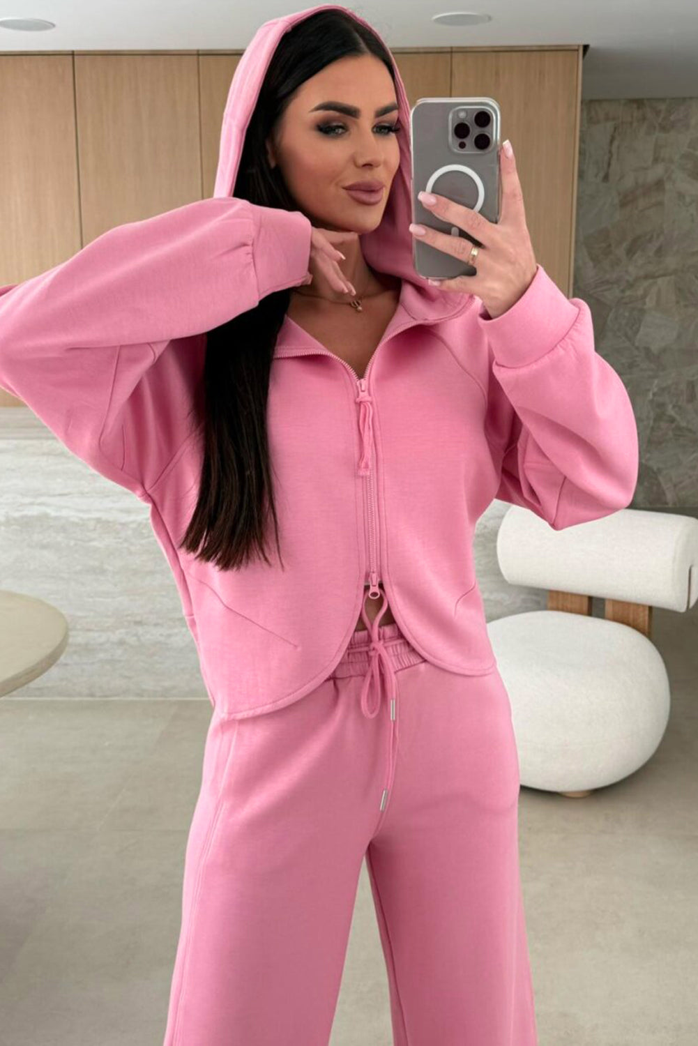 Women's Pink Solid Color Zip Up Hoodie Drawstring Loose Pants Set