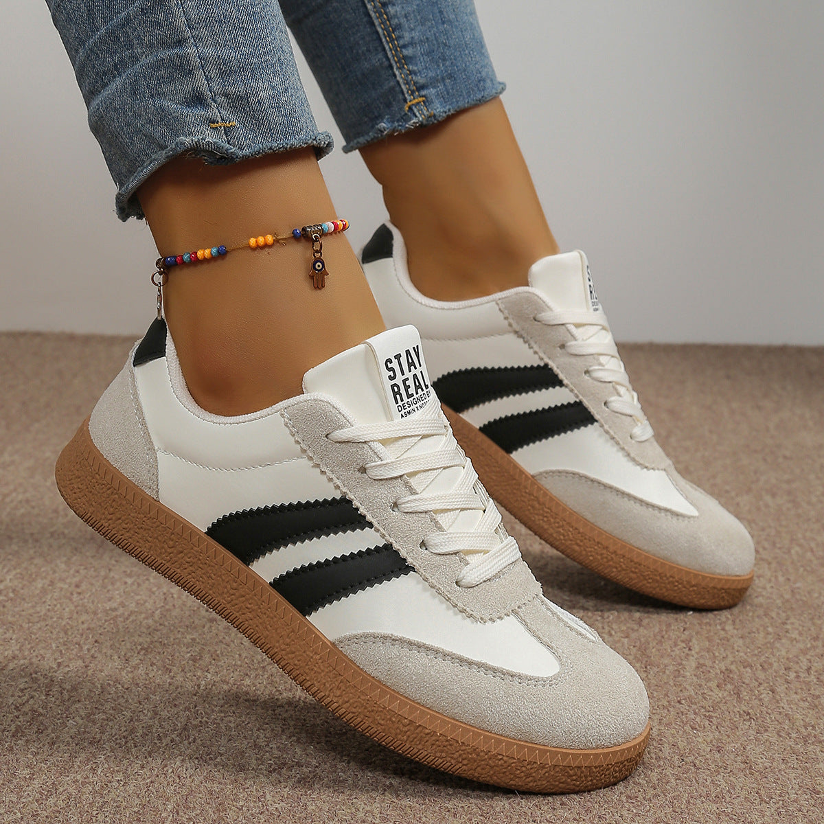 Women's Casual White/Green Sneakers - Breathable Lightweight