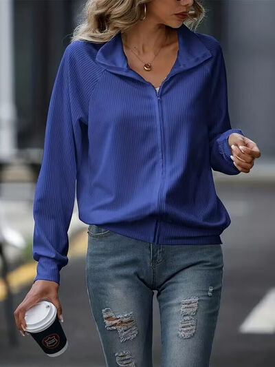Women's Simple White Zip Up Collared Neck Raglan Sleeve Jacket