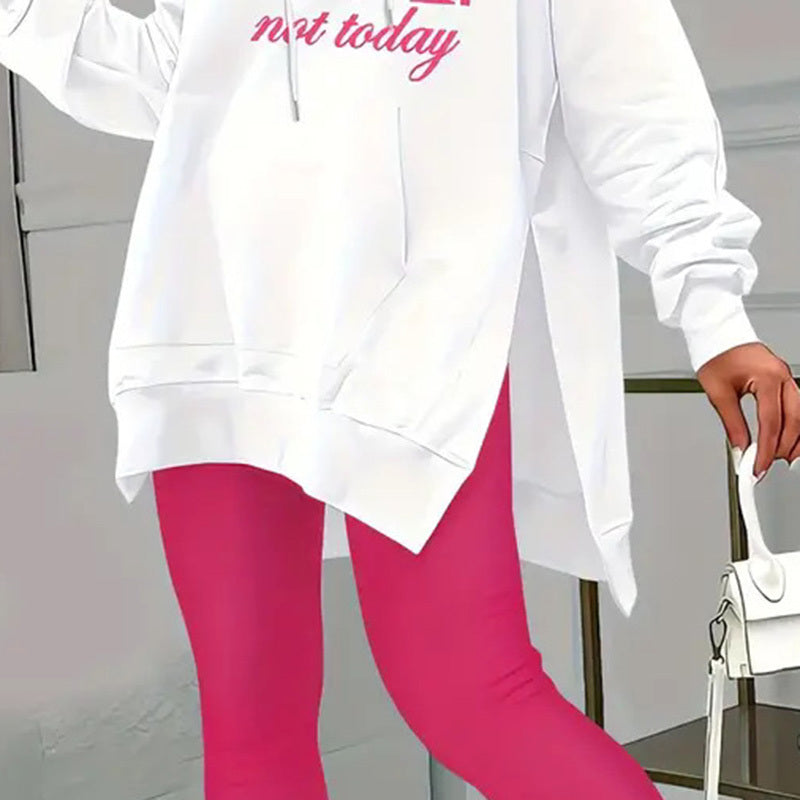 Women's Casual 2-Piece Set Solid Color Leggings & Letter Print Hooded Sweatshirt