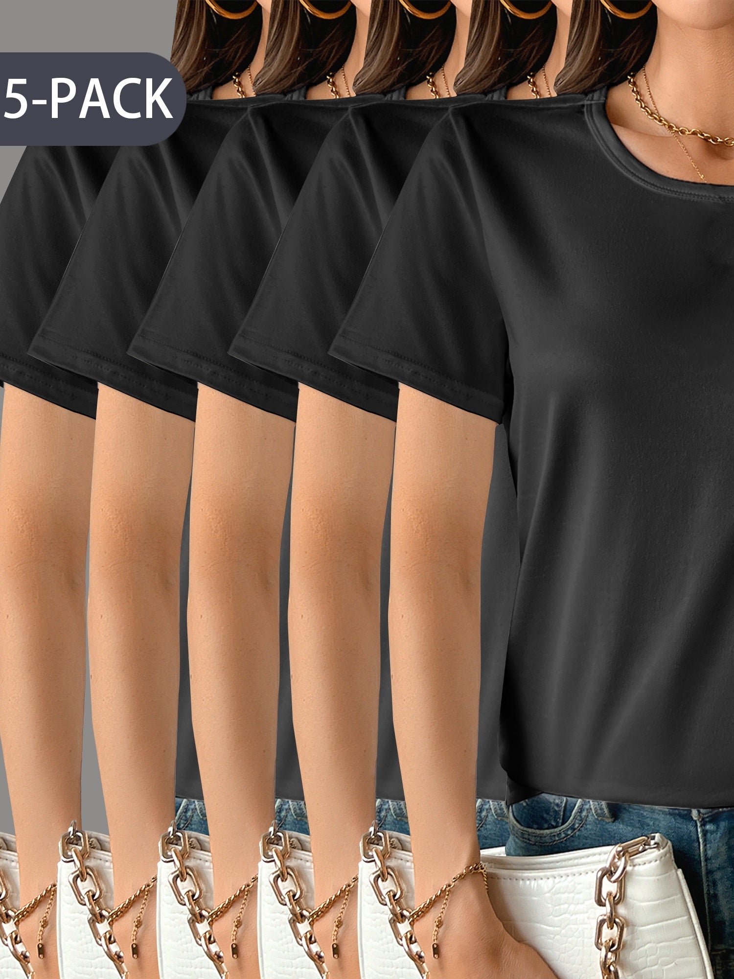 5 Pack Women's Soft Stretch Casual Round Neck T-Shirts