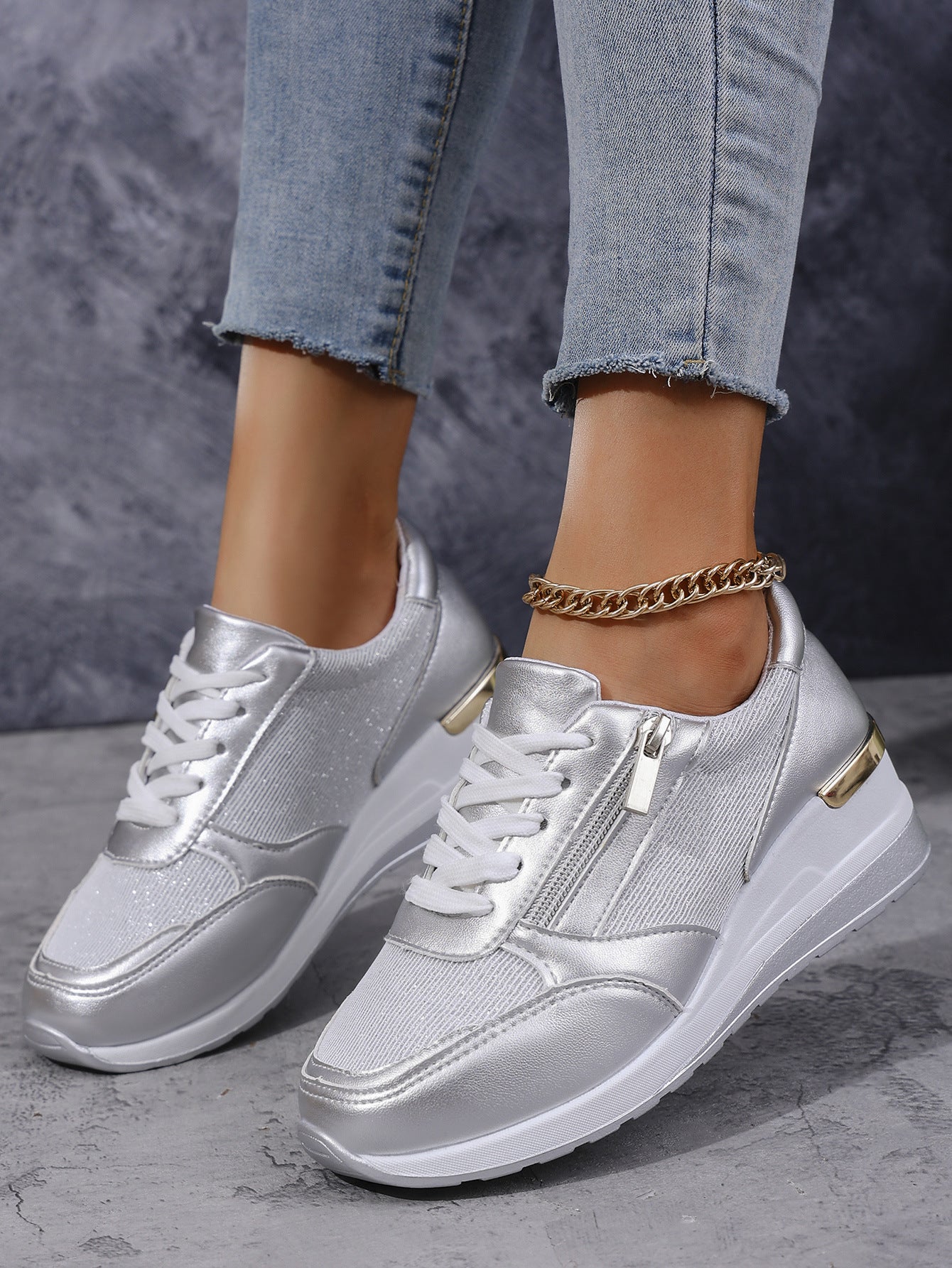 Women's Metallic Lace-Up Side Zipper Thick-Sole Sneakers