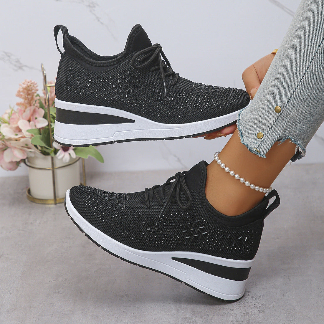 Women's Fashion Rhinestone Lace Up Wedge Sneakers