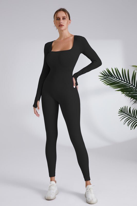 Women's Blaire Sport Serenity Square Neck Ribbed Long Sleeve Gym Jumpsuit