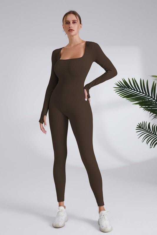 Women's Blaire Sport Serenity Square Neck Ribbed Long Sleeve Gym Jumpsuit