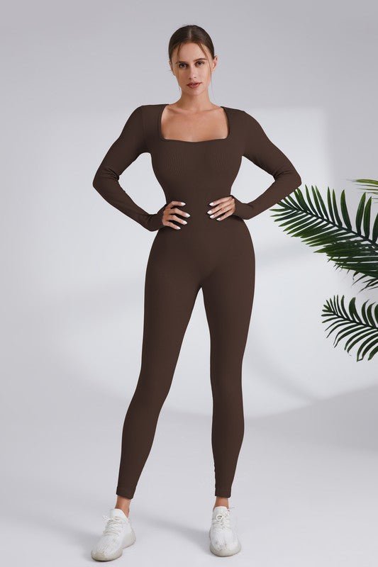 Women's Blaire Sport Serenity Square Neck Ribbed Long Sleeve Gym Jumpsuit