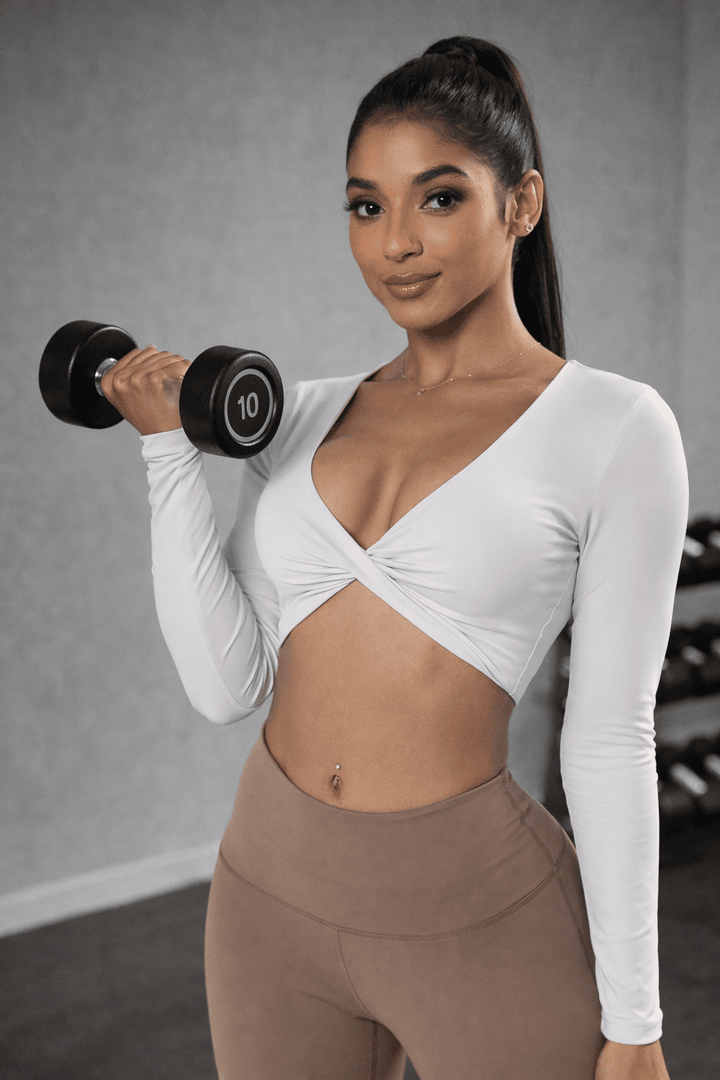 Blaire Women's Sport Twist Knot Long Sleeve Workout Crop Top with Bra