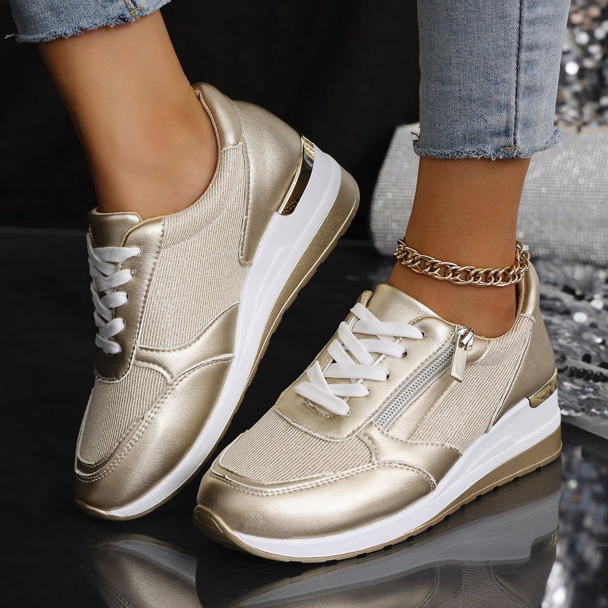Women's Metallic Lace-Up Side Zipper Thick-Sole Sneakers